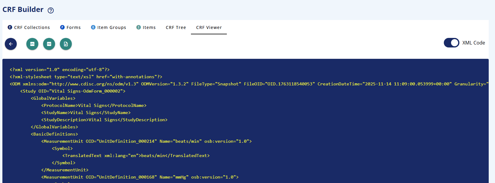 CRF Viewer tab - xml view