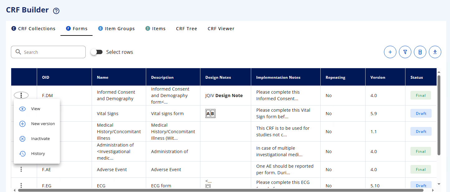 OSB Library CRF module: CRF Builder - general UI in tabs