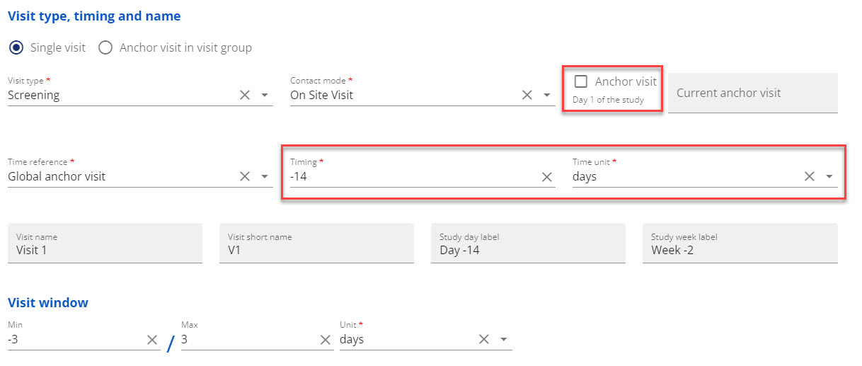 Assign the first visit with relative timing to global anchor as -14 days